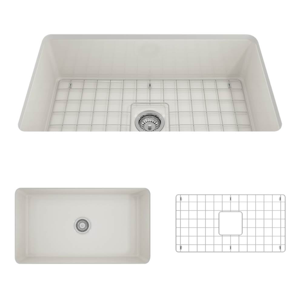 BOCCHI - Sotto Dual-mount Fireclay 32 in. Single Bowl Kitchen Sink with Protective Bottom Grid and Strainer in Biscuit - Biscuit