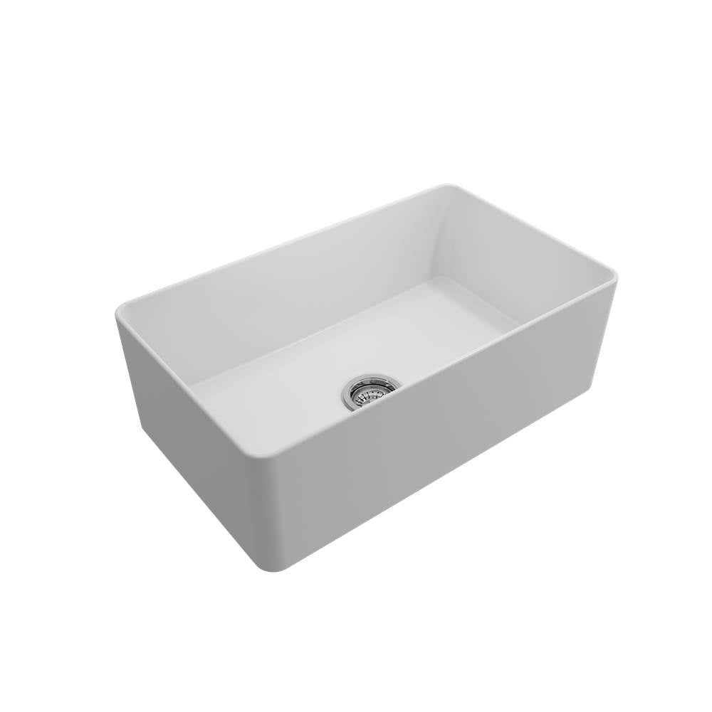 BOCCHI - Aderci Ultra-Slim Farmhouse Apron Front Fireclay 30 in. Single Bowl Kitchen Sink with Protective Bottom Grid and Strainer in Matte White - Matte White