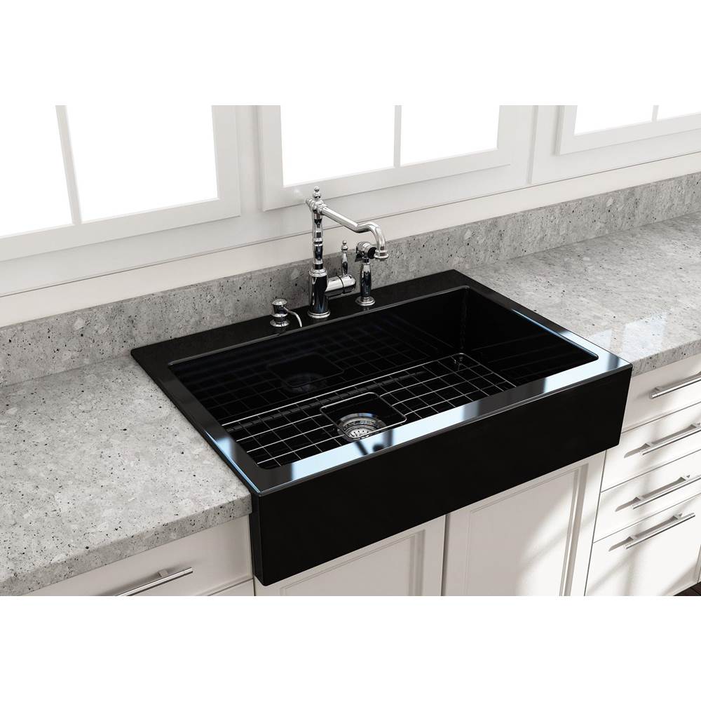 BOCCHI - Nuova Apron Front Drop-In Fireclay 34 in. Single Bowl Kitchen Sink with Protective Bottom Grid and Strainer in Black - Black