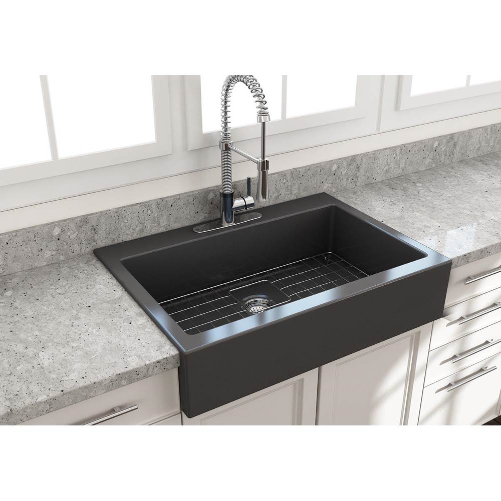 BOCCHI - Nuova Apron Front Drop-In Fireclay 34 in. Single Bowl Kitchen Sink with Protective Bottom Grid and Strainer in Matte Dark Gray - Matte Dark Gray