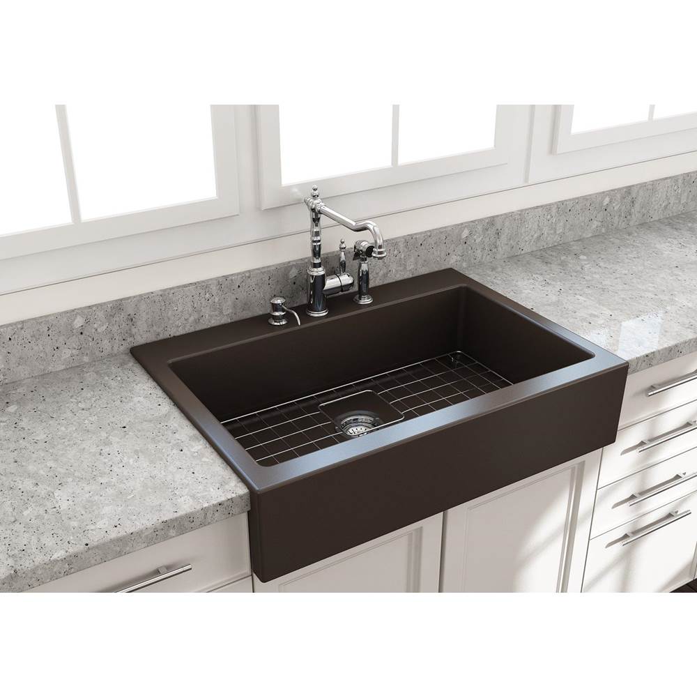 BOCCHI - Nuova Apron Front Drop-In Fireclay 34 in. Single Bowl Kitchen Sink with Protective Bottom Grid and Strainer in Matte Brown - Matte Brown