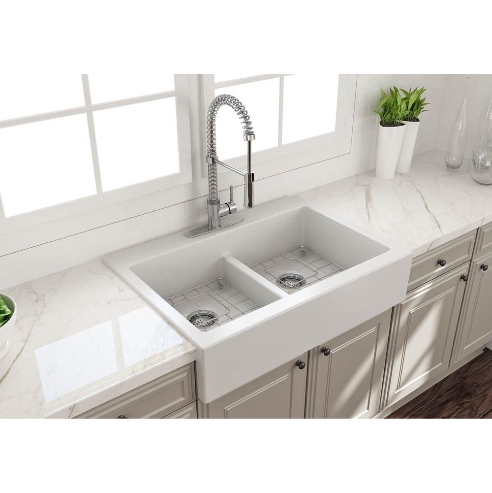 BOCCHI - Nuova Apron Front Drop-In Fireclay 34 in. 50/50 Double Bowl Kitchen Sink with Protective Bottom Grids and Strainers in Matte White - Matte White
