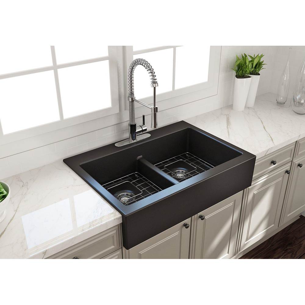 BOCCHI - Nuova Apron Front Drop-In Fireclay 34 in. 50/50 Double Bowl Kitchen Sink with Protective Bottom Grids and Strainers in Matte Black - Matte Black