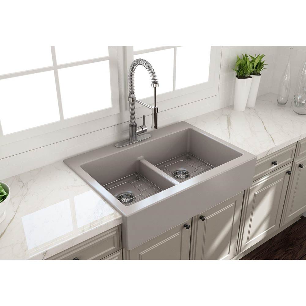 BOCCHI - Nuova Apron Front Drop-In Fireclay 34 in. 50/50 Double Bowl Kitchen Sink with Protective Bottom Grids and Strainers in Matte Gray - Matte Gray