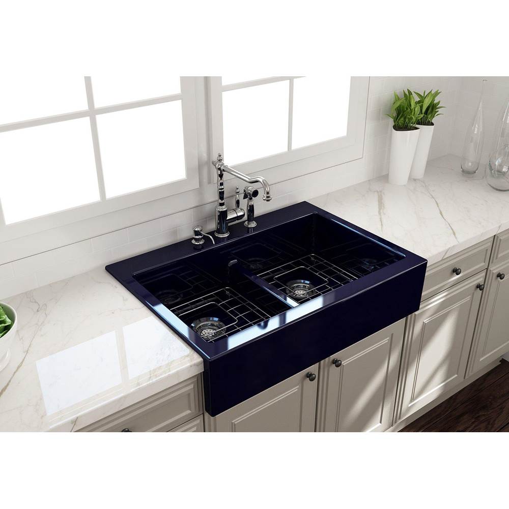 BOCCHI - Nuova Apron Front Drop-In Fireclay 34 in. 50/50 Double Bowl Kitchen Sink with Protective Bottom Grids and Strainers in Sapphire Blue - Sapphire Blue
