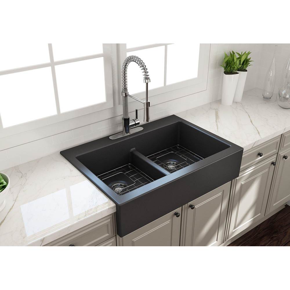 BOCCHI - Nuova Apron Front Drop-In Fireclay 34 in. 50/50 Double Bowl Kitchen Sink with Protective Bottom Grids and Strainers in Matte Dark Gray - Matte Dark Gray
