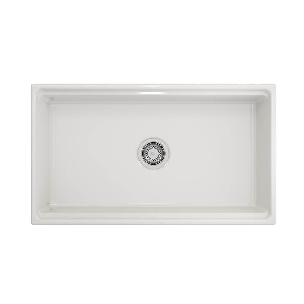 Contempo Step-Rim Apron Front Fireclay 33 in. Single Bowl Kitchen Sink with Integrated Work Station & Accessories in White