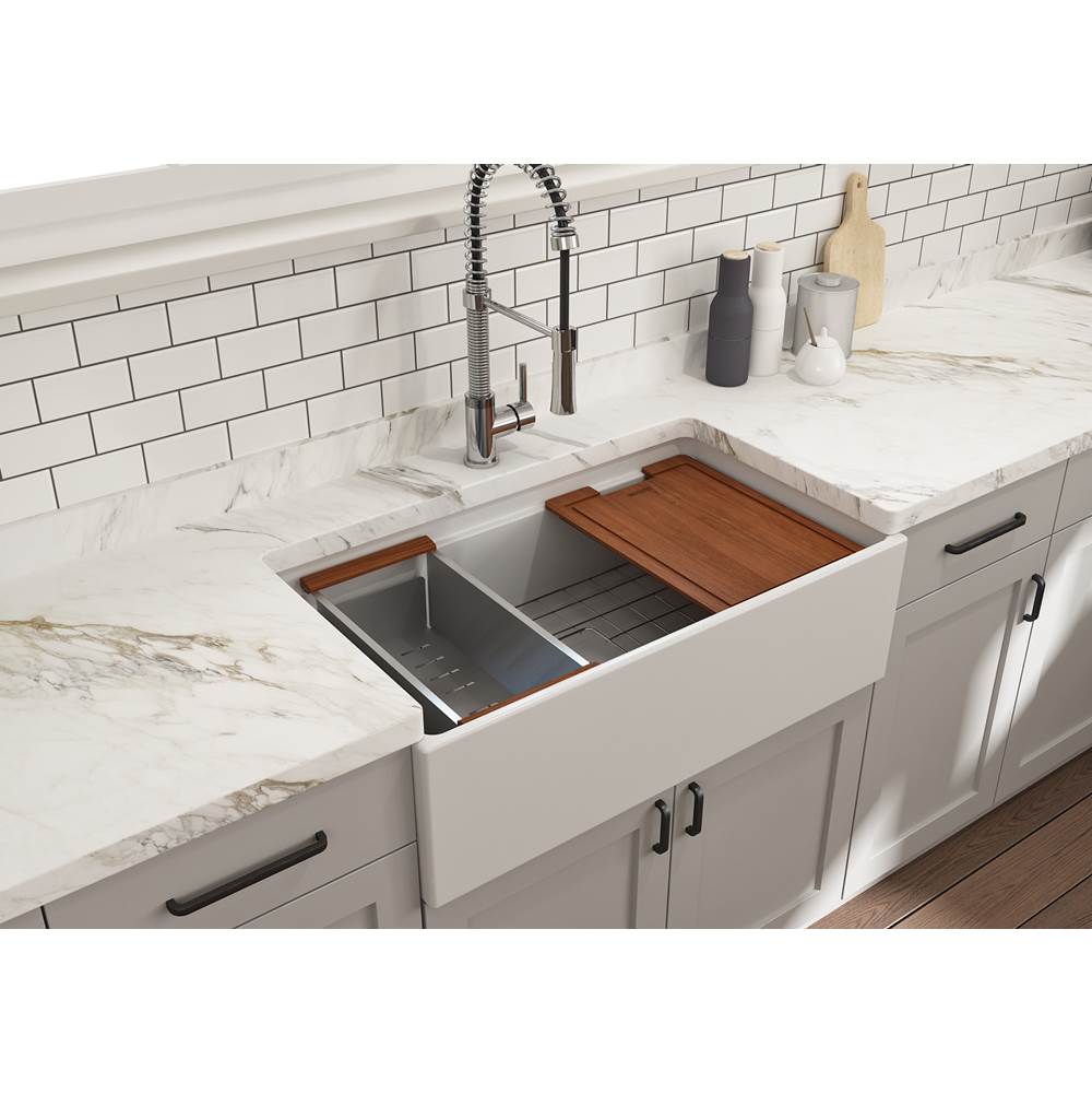 Contempo Step-Rim Apron Front Fireclay 33 in. Single Bowl Kitchen Sink with Integrated Work Station & Accessories in White