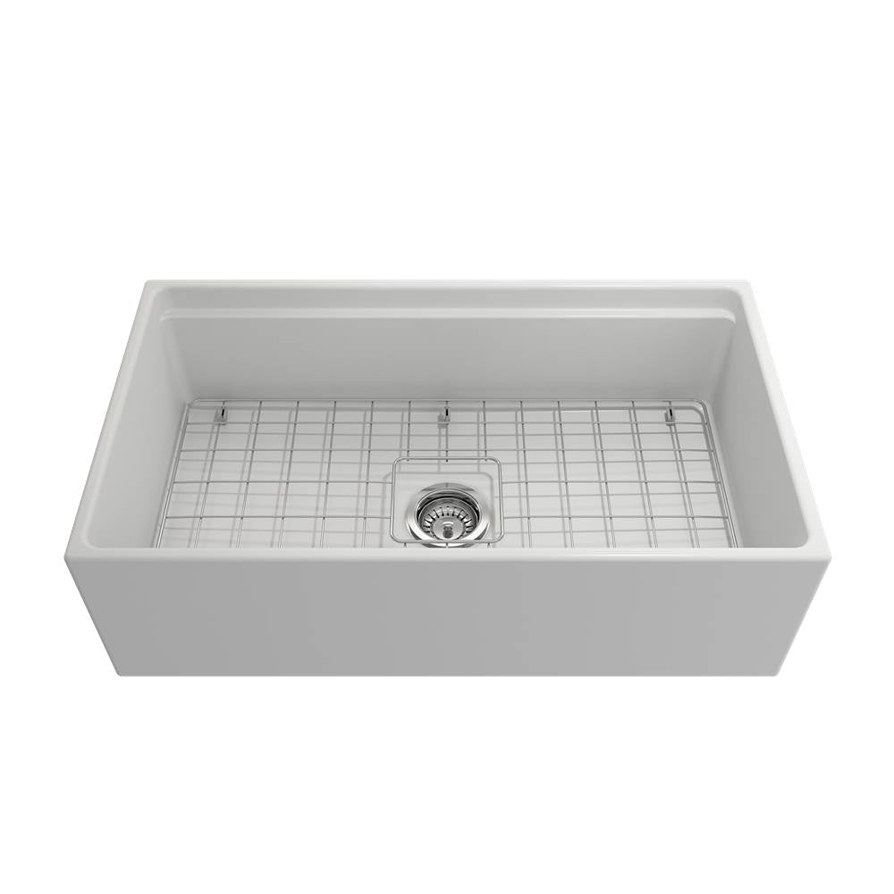 Contempo Step-Rim Apron Front Fireclay 33 in. Single Bowl Kitchen Sink with Integrated Work Station & Accessories in White