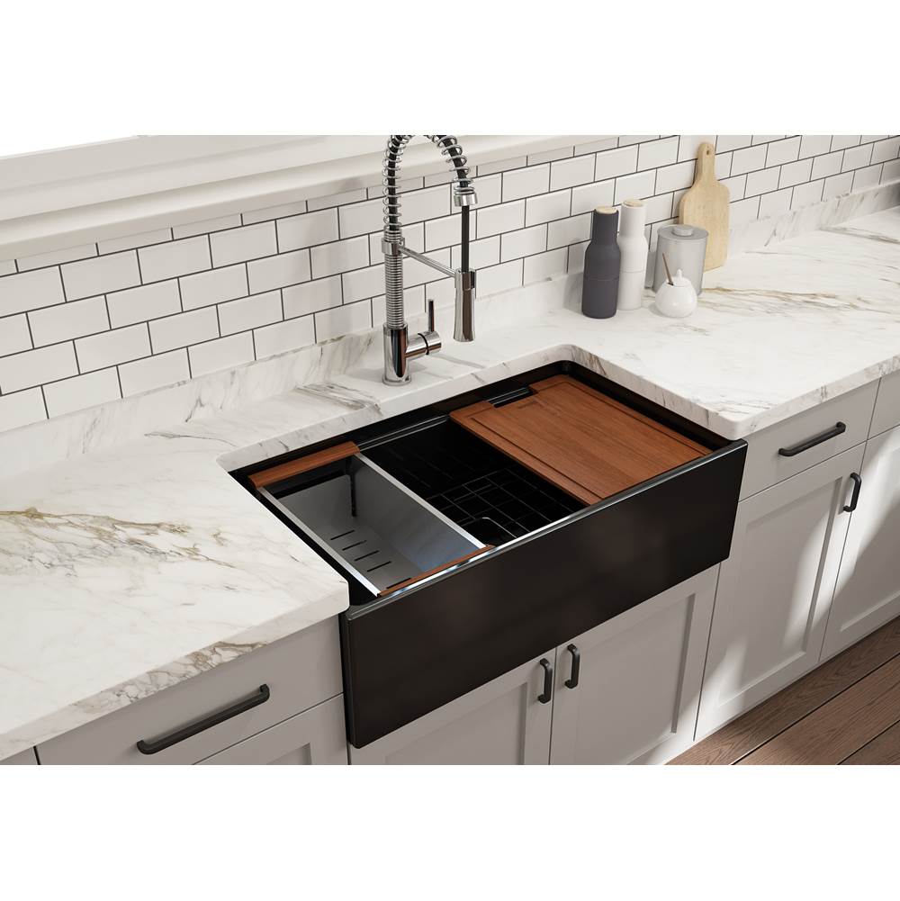 Contempo Step-Rim Apron Front Fireclay 33 in. Single Bowl Kitchen Sink with Integrated Work Station & Accessories in White