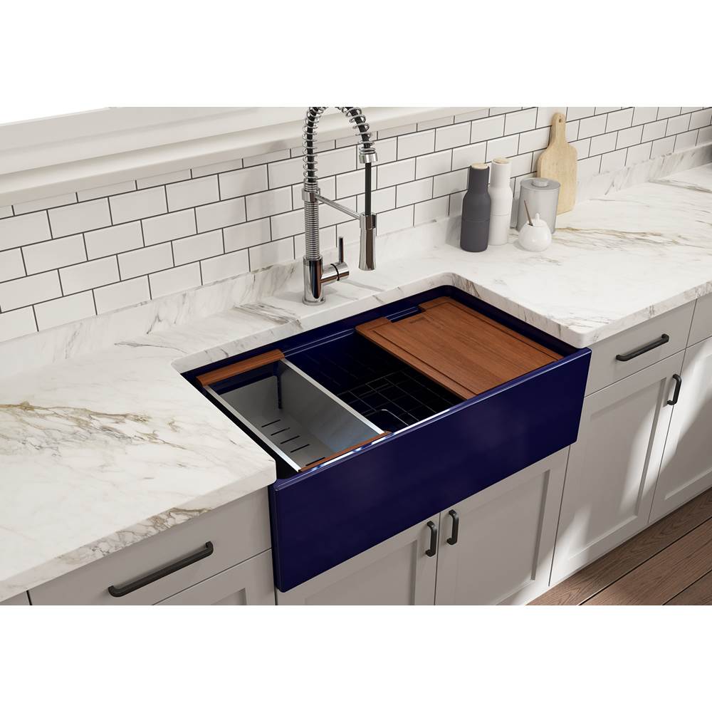 Contempo Step-Rim Apron Front Fireclay 33 in. Single Bowl Kitchen Sink with Integrated Work Station & Accessories in White