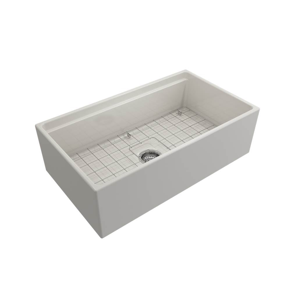 Contempo Step-Rim Apron Front Fireclay 33 in. Single Bowl Kitchen Sink with Integrated Work Station & Accessories in White