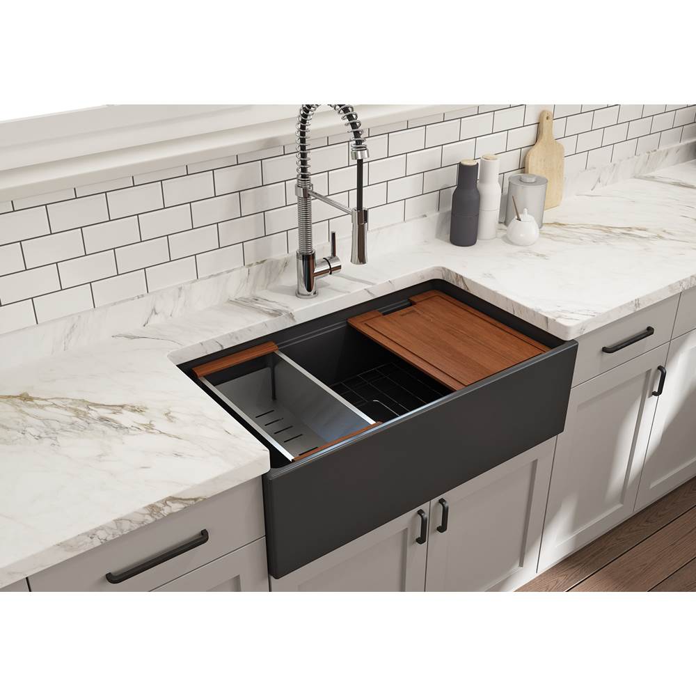 Contempo Step-Rim Apron Front Fireclay 33 in. Single Bowl Kitchen Sink with Integrated Work Station & Accessories in White