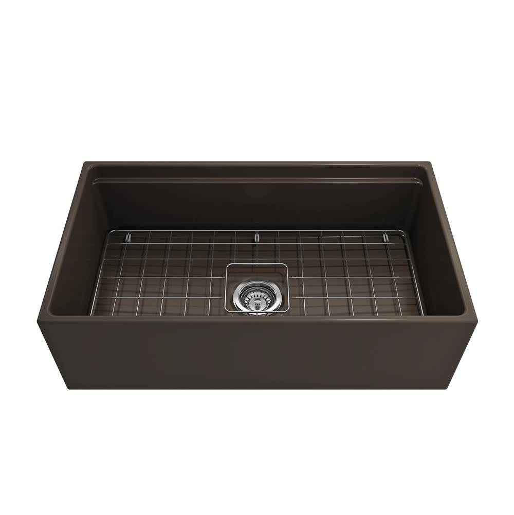 Contempo Step-Rim Apron Front Fireclay 33 in. Single Bowl Kitchen Sink with Integrated Work Station & Accessories in White