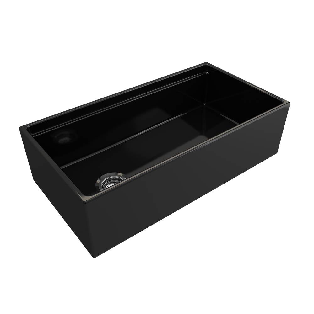 BOCCHI - Contempo Step-Rim Apron Front Fireclay 36 in. Single Bowl Kitchen Sink with Integrated Work Station & Accessories in Black - Black