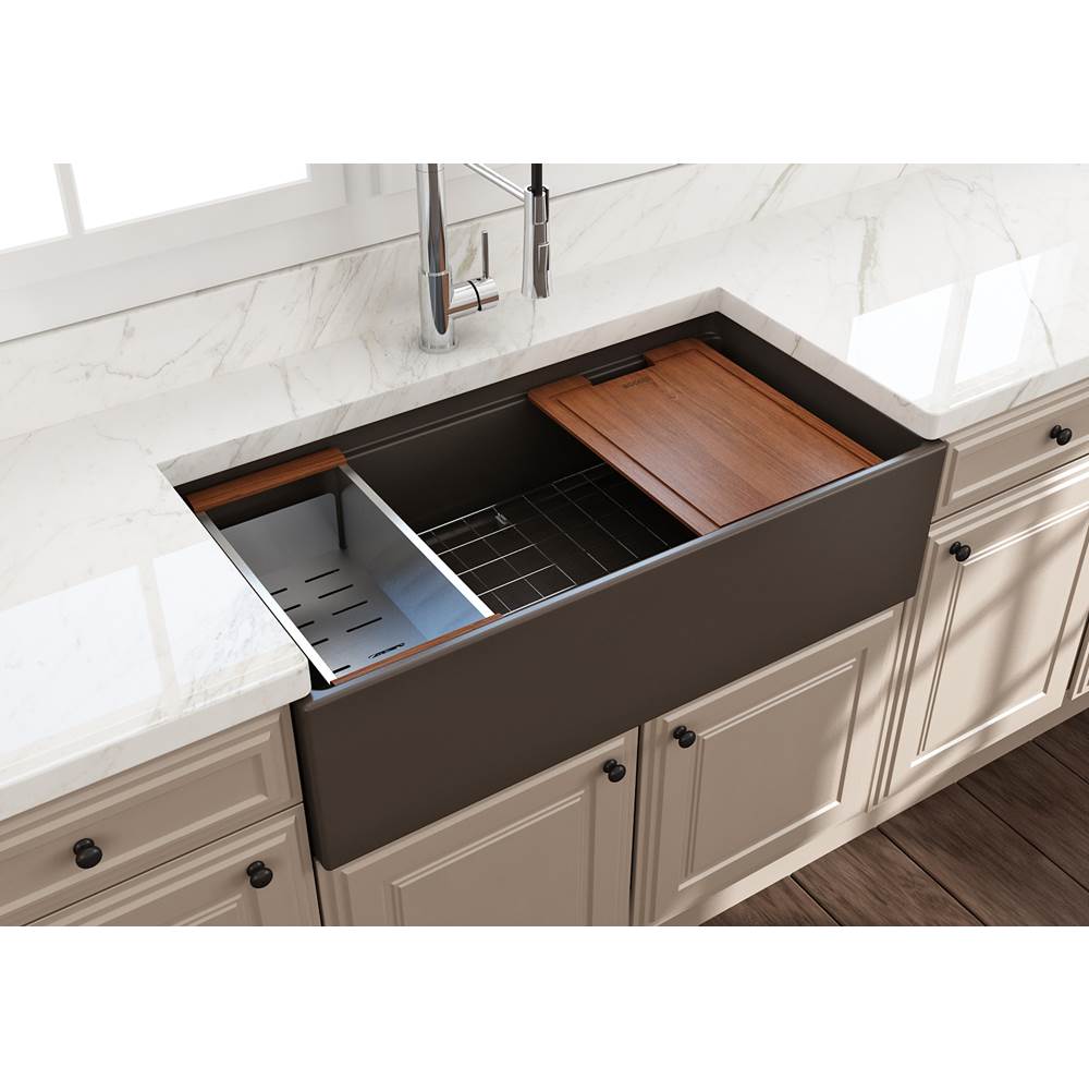 Contempo Step-Rim Apron Front Fireclay 36 in. Single Bowl Kitchen Sink with Integrated Work Station & Accessories in White