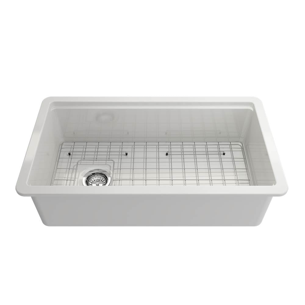 BOCCHI - Sotto Step-Rim Tri-Mount Fireclay 34 in. Single Bowl Kitchen Sink Integrated Workstation and Accessories with Protective Bottom Grid and Strainer in White - White