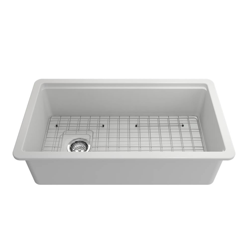 BOCCHI - Sotto Step-Rim Tri-Mount Fireclay 34 in. Single Bowl Kitchen Sink Integrated Workstation and Accessories with Protective Bottom Grid and Strainer in Matte White - Matte White