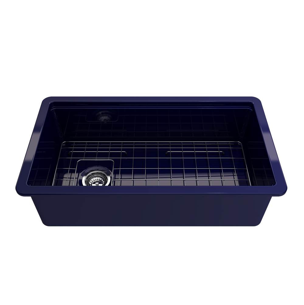 BOCCHI - Sotto Step-Rim Tri-Mount Fireclay 34 in. Single Bowl Kitchen Sink Integrated Workstation and Accessories with Protective Bottom Grid and Strainer in Sapphire Blue - Sapphire Blue