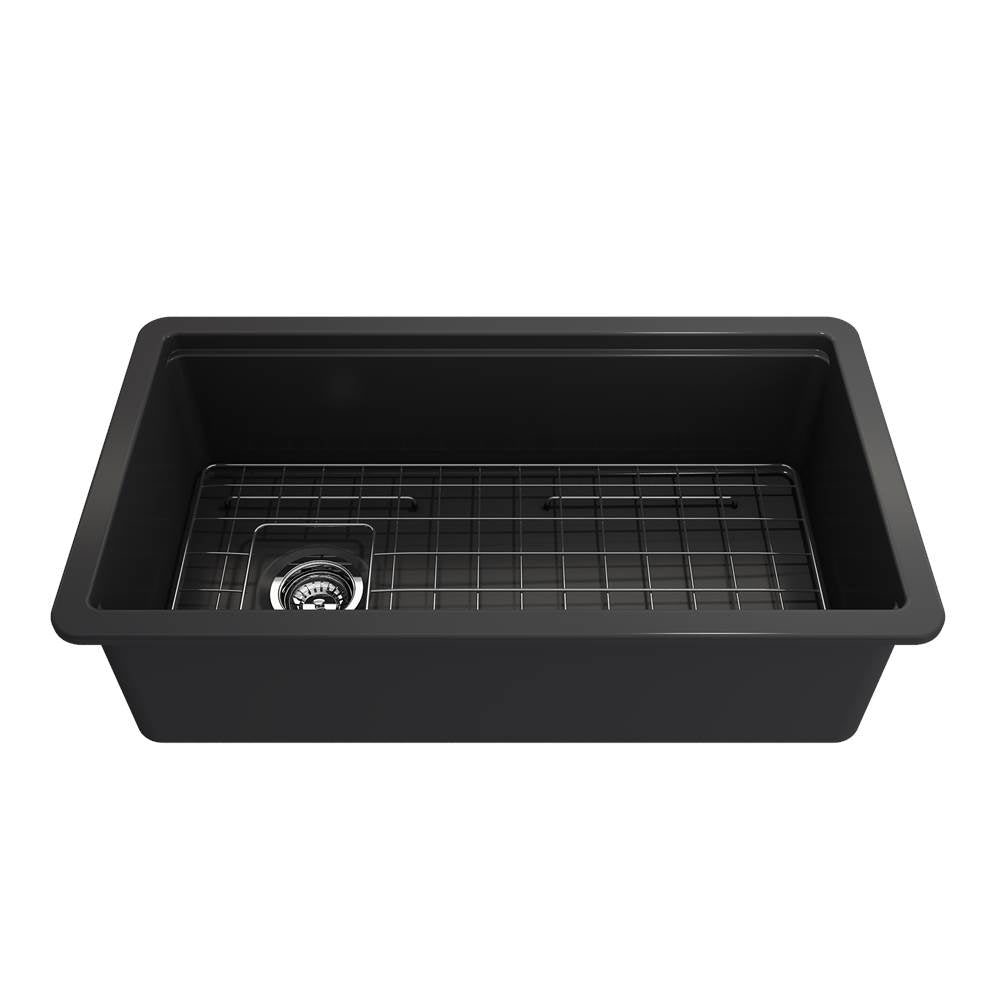 BOCCHI - Sotto Step-Rim Tri-Mount Fireclay 34 in. Single Bowl Kitchen Sink Integrated Workstation and Accessories with Protective Bottom Grid and Strainer in Matte Dark Gray - Matte Dark Gray