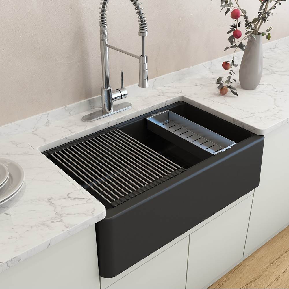 Arona Apron-Front 33 in. Single Bowl Granite Composite Kitchen Sink with Integrated Workstation and Accessories in Matte Black