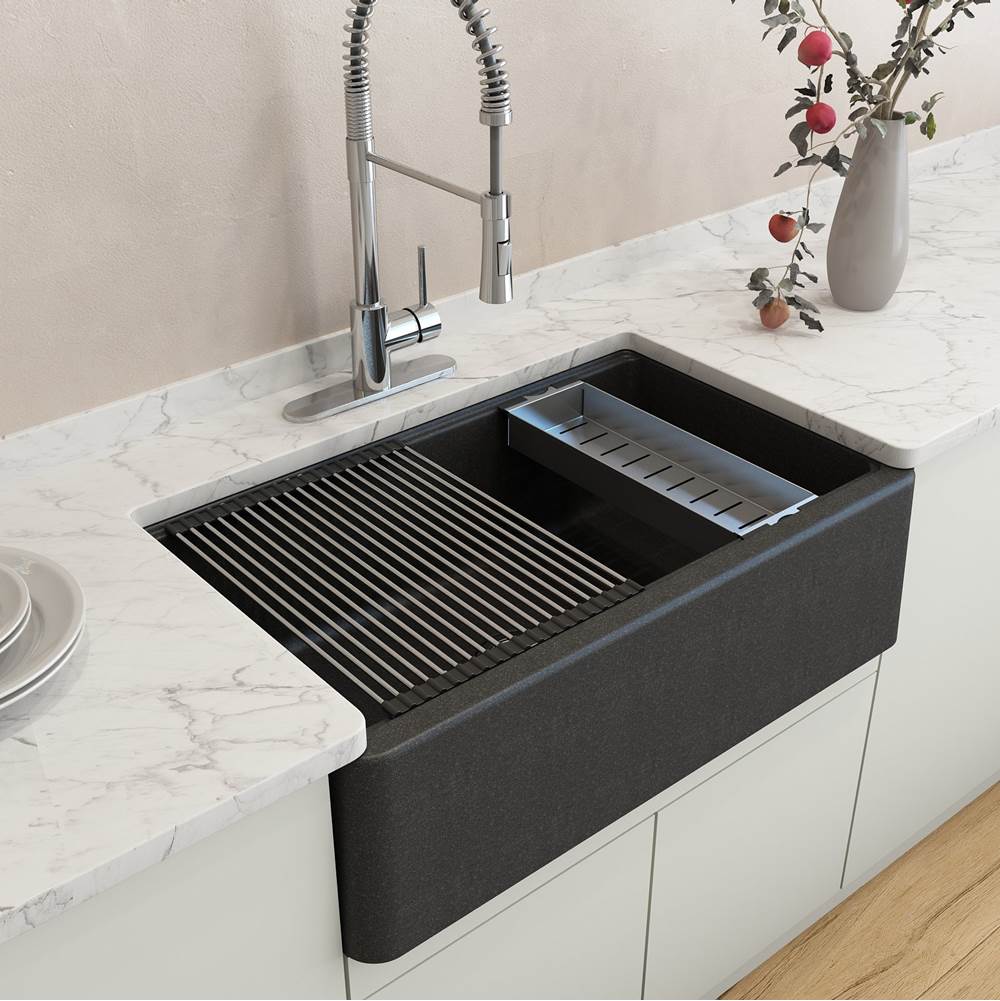 Arona Apron-Front 33 in. Single Bowl Granite Composite Kitchen Sink with Integrated Workstation and Accessories in Matte Black