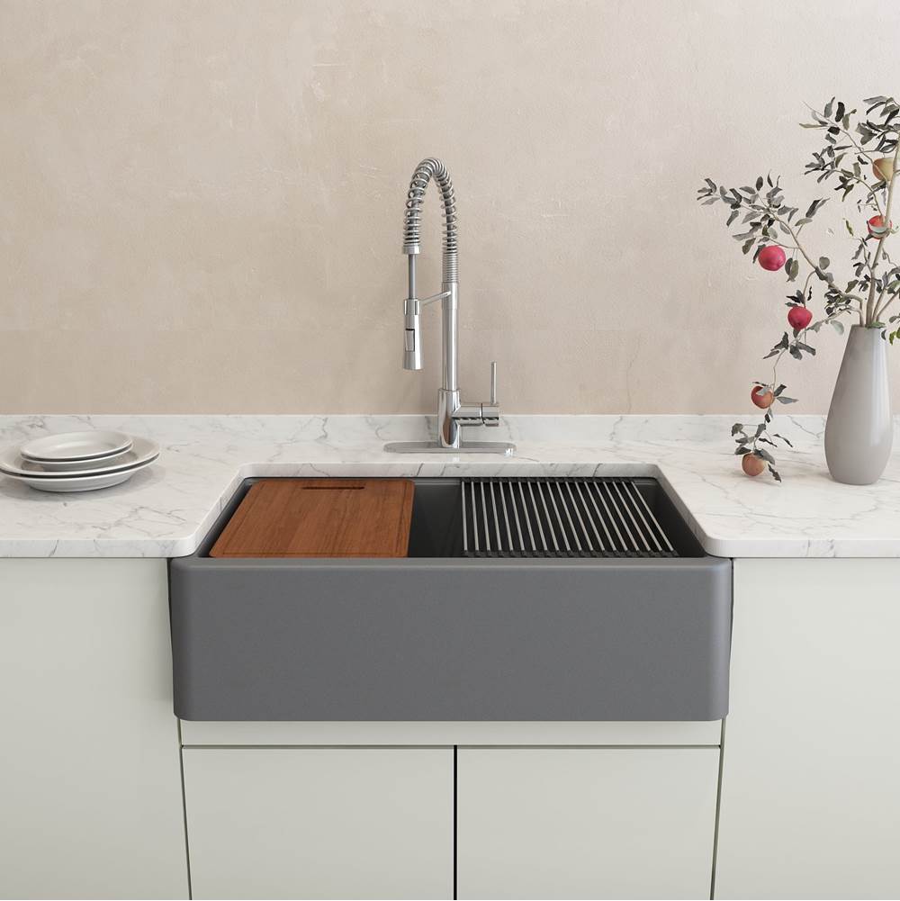 Arona Apron-Front 33 in. Single Bowl Granite Composite Kitchen Sink with Integrated Workstation and Accessories in Matte Black