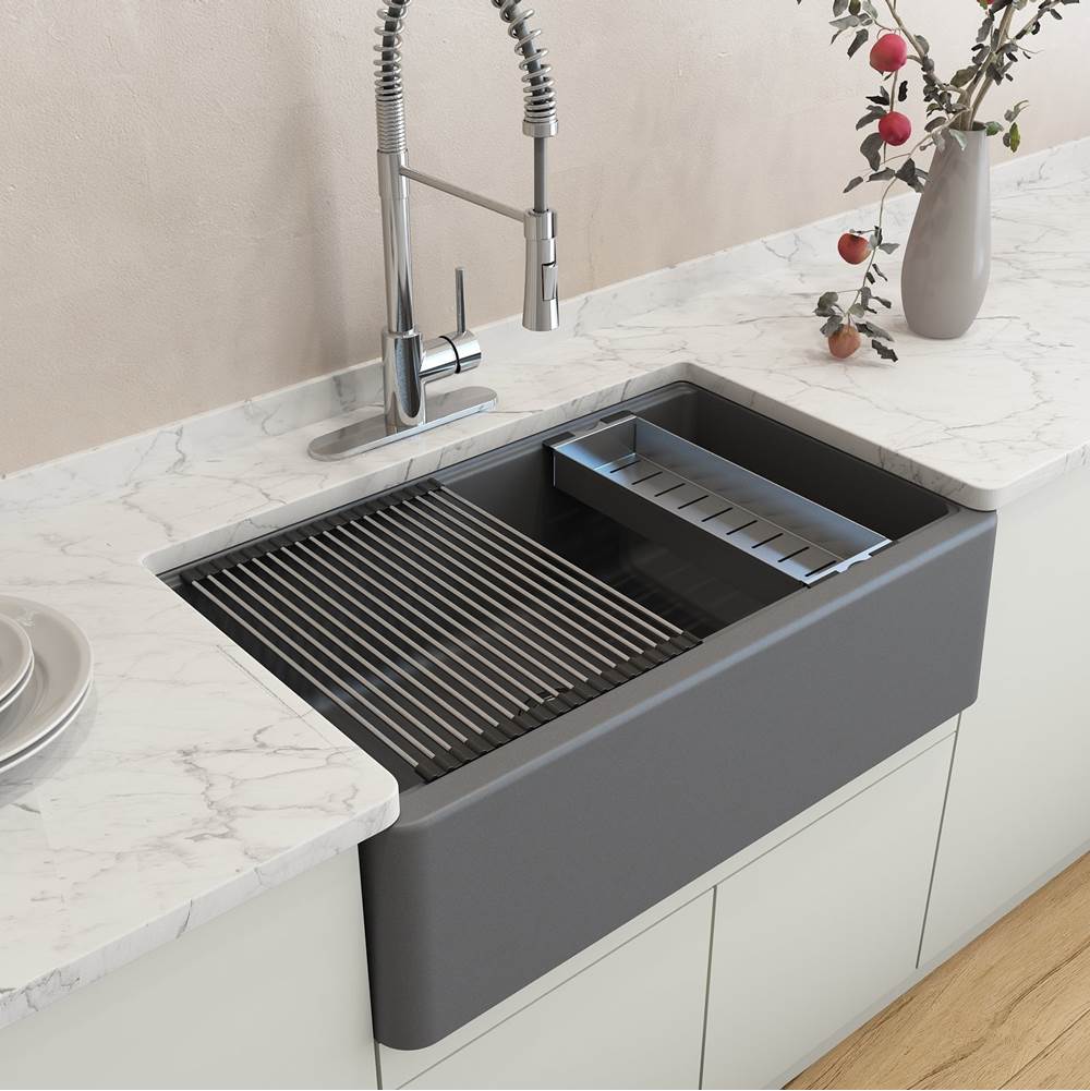 Arona Apron-Front 33 in. Single Bowl Granite Composite Kitchen Sink with Integrated Workstation and Accessories in Matte Black