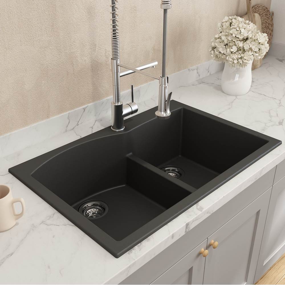 Campino Duo Dual Mount Granite Composite 33 in. 60/40 Double Bowl Kitchen Sink with Strainers in Matte Black