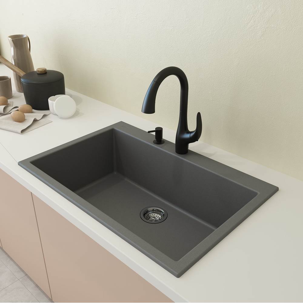 Campino Uno Dual Mount Granite Composite 33 in. Single Bowl Kitchen Sink with Strainer in Matte Black