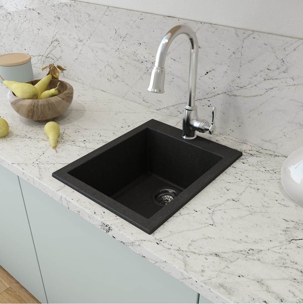 Campino Uno Dual Mount Granite Composite 16 in. Single Bowl Bar Sink with Strainer in Matte Black