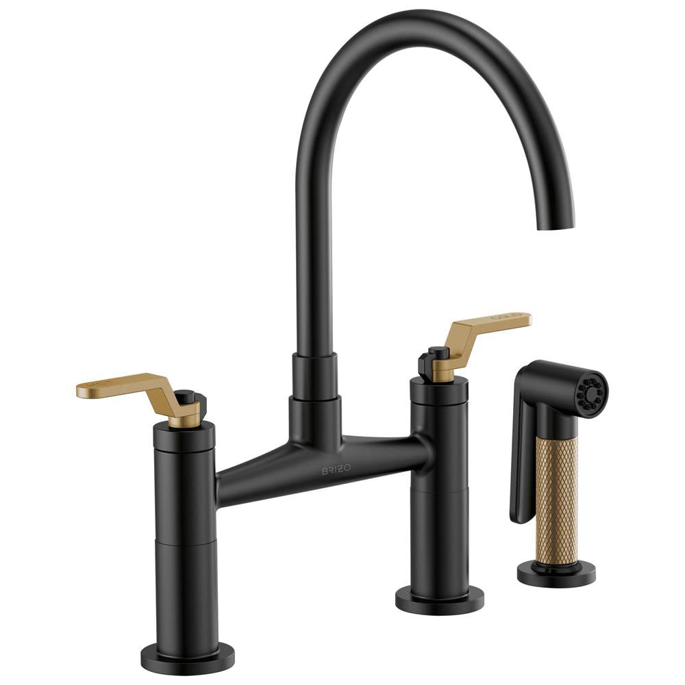 Brizo - Litze Bridge Faucet with Arc Spout and Industrial Handle - Matte Black With Luxe Gold