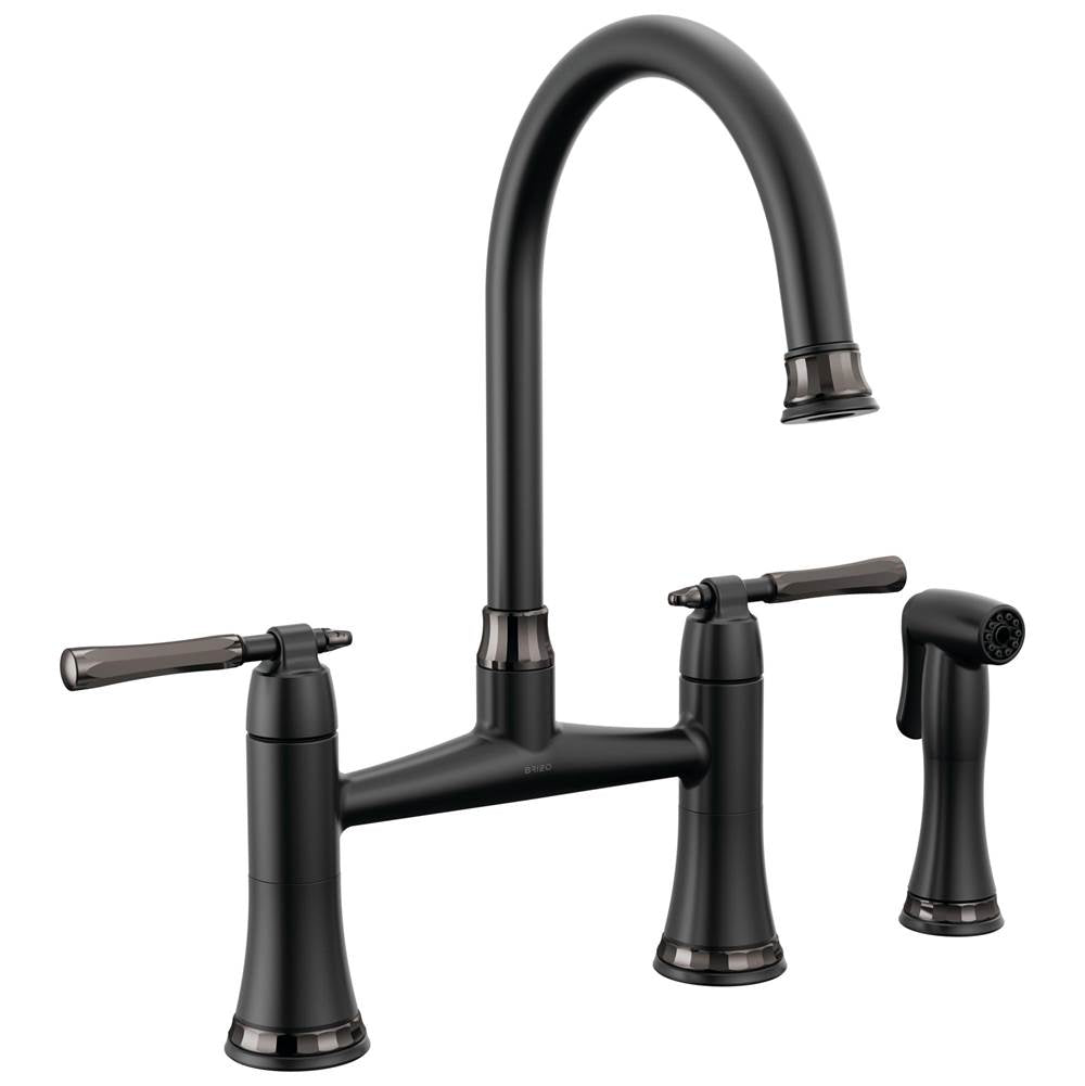 Brizo - The TulhamE Kitchen Collection by Brizo Bridge Kitchen Faucet with Side Spray - Matte Black With Brilliance Black Onyx