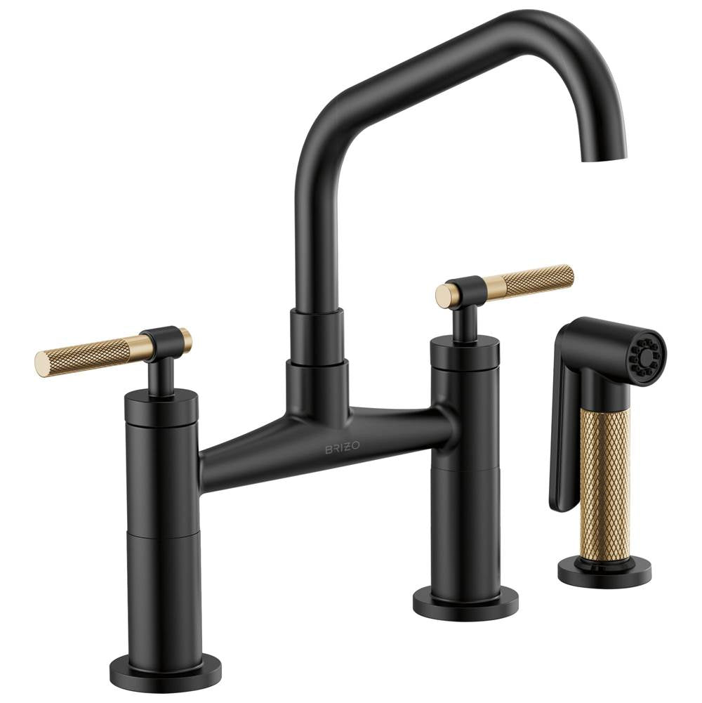 Brizo - Litze Bridge Faucet with Angled Spout and Knurled Handle - Matte Black With Luxe Gold