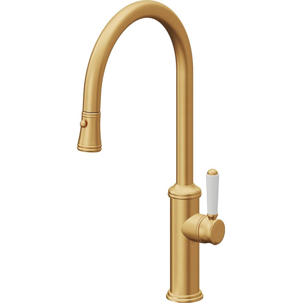 California Faucets - Pull-Down Kitchen Faucet with Button Sprayer - High Arc Spout - Lifetime Satin Gold Pvd