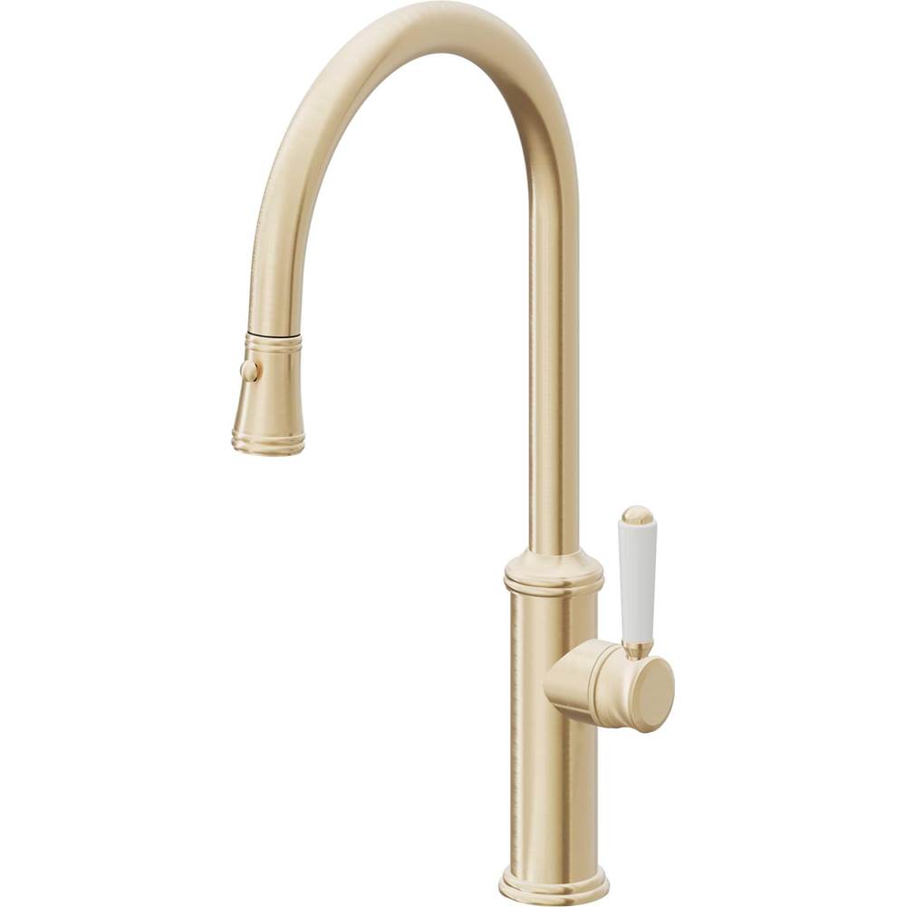 California Faucets - Pull-Down Kitchen Faucet with Button Sprayer - High Arc Spout - Satin Brass Pvd