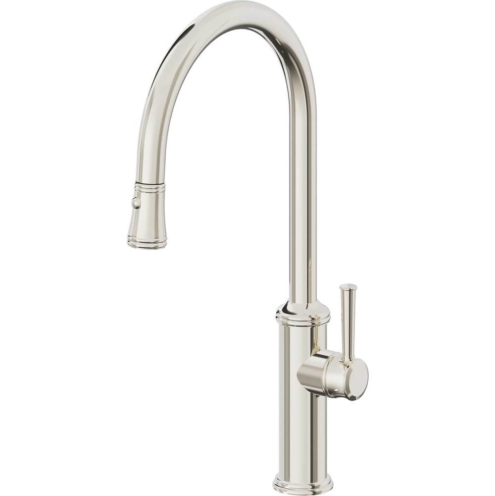 California Faucets - Pull-Down Kitchen Faucet with Button Sprayer - High Arc Spout - Polished Nickel Pvd