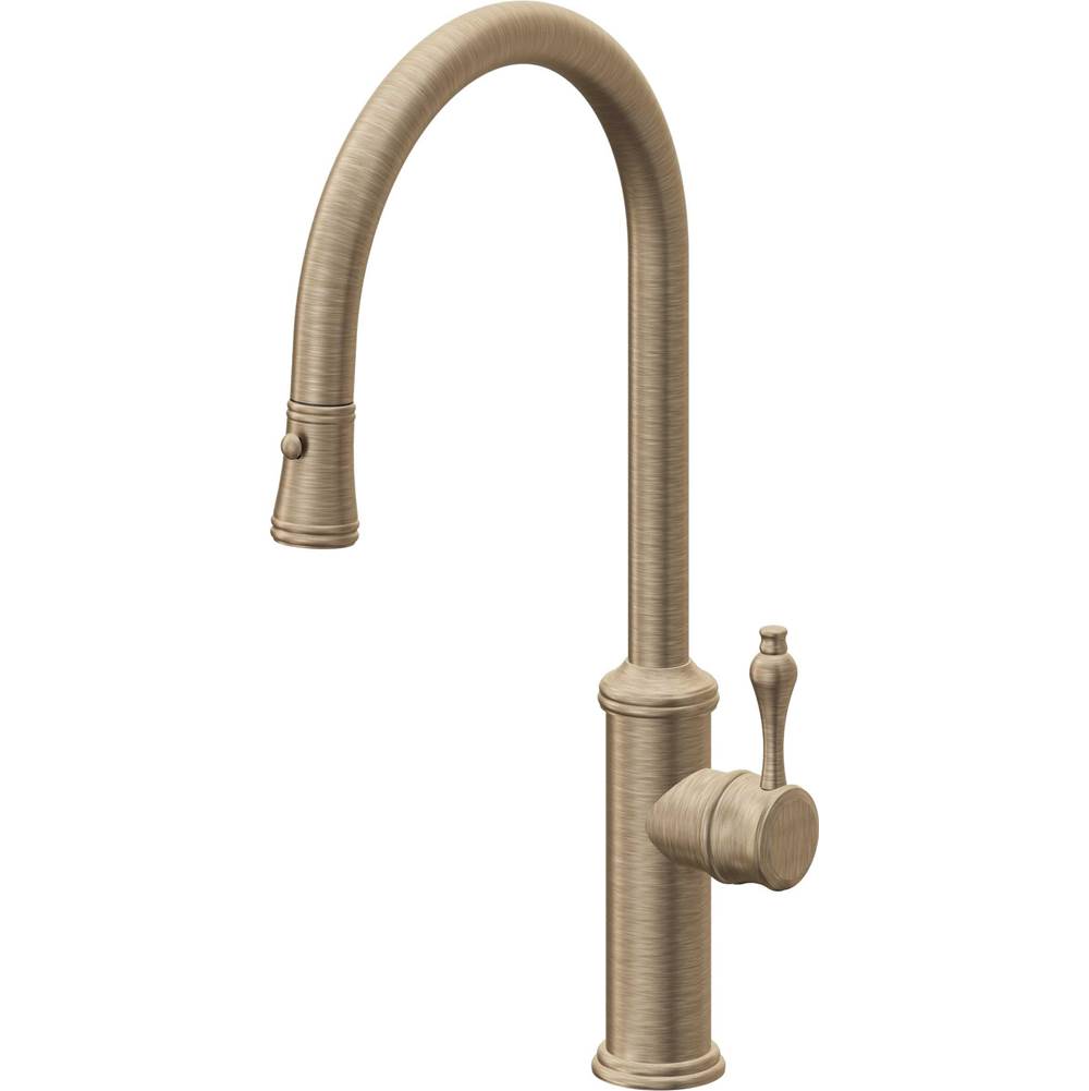 California Faucets - Pull-Down Kitchen Faucet with Button Sprayer - High Arc Spout - Antique Brass Flat