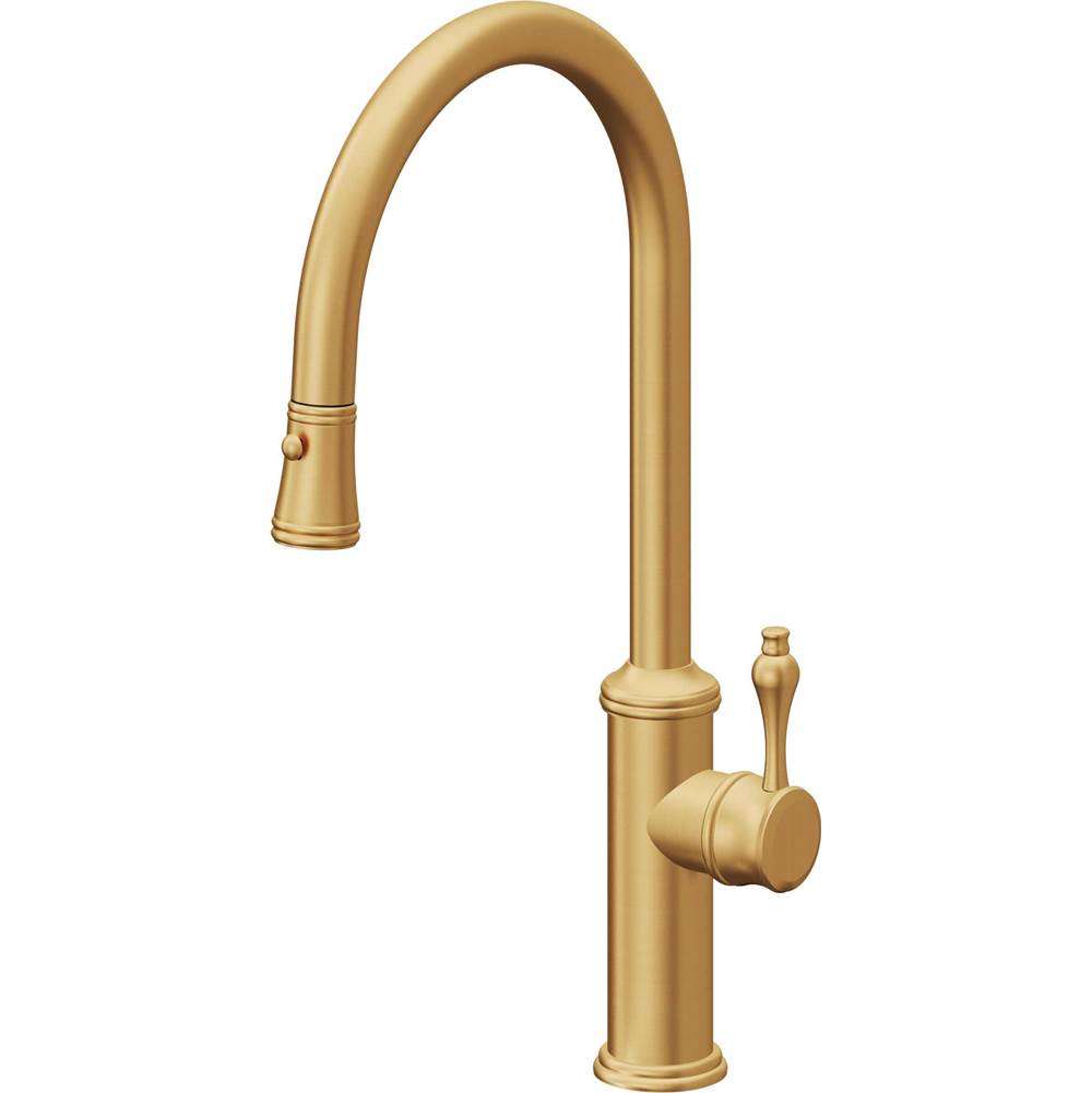 California Faucets - Pull-Down Kitchen Faucet with Button Sprayer - High Arc Spout - Lifetime Satin Gold Pvd