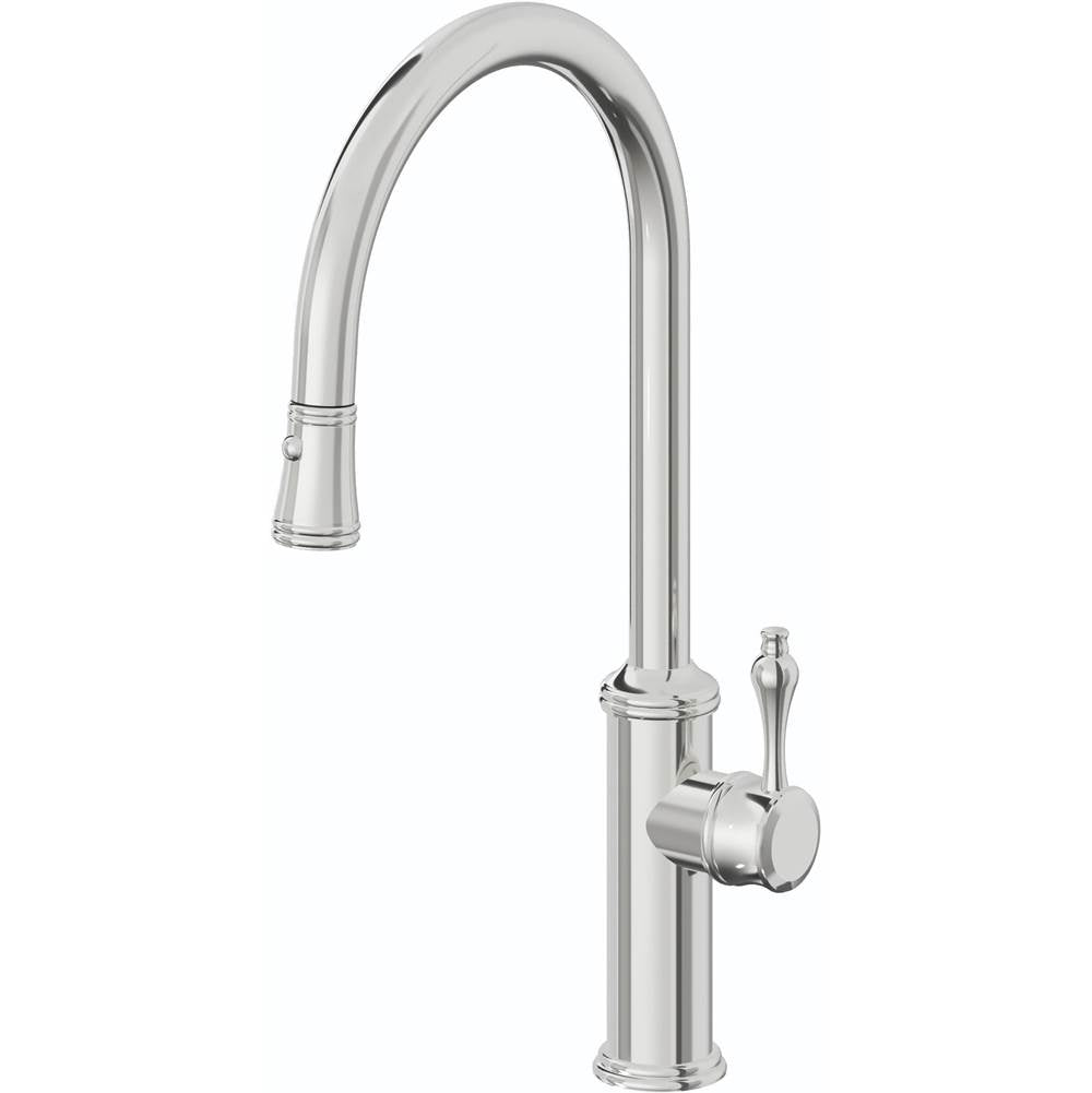 California Faucets - Pull-Down Kitchen Faucet with Button Sprayer - High Arc Spout - Polished Chrome