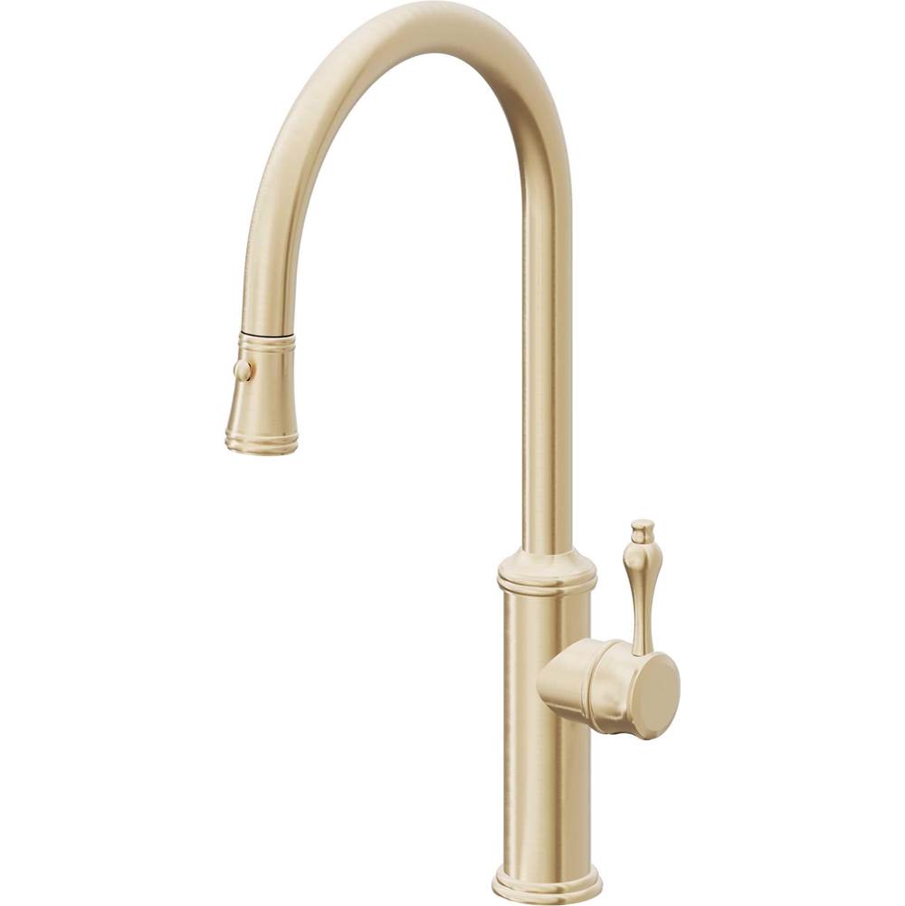 California Faucets - Pull-Down Kitchen Faucet with Button Sprayer - High Arc Spout - Satin Brass Pvd