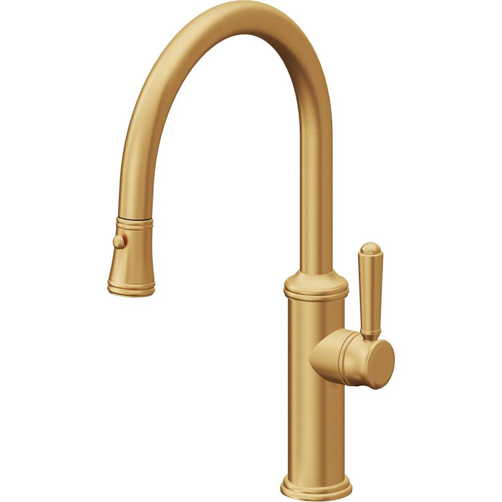 California Faucets - Pull-Down Kitchen Faucet with Button Sprayer - Low Arc Spout - Lifetime Satin Gold Pvd