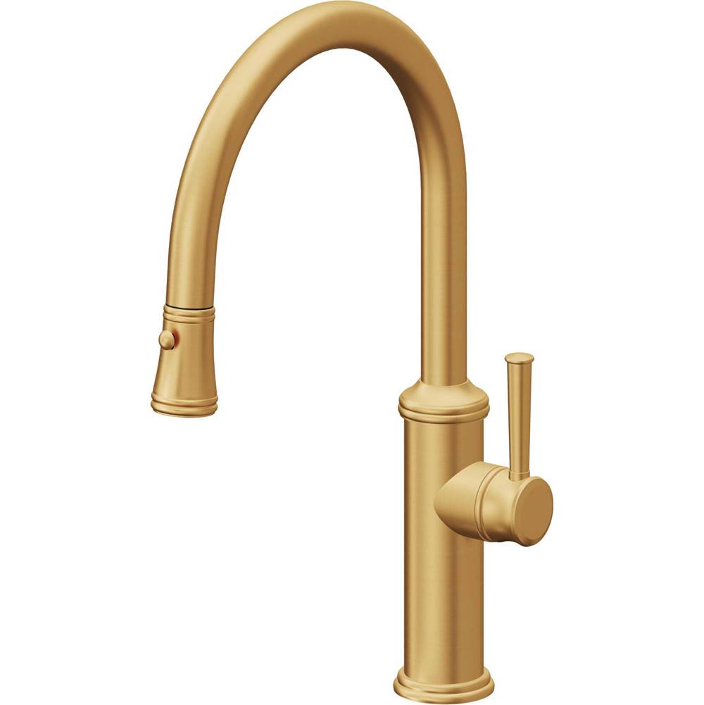 California Faucets - Pull-Down Kitchen Faucet with Button Sprayer - Low Arc Spout - Lifetime Satin Gold Pvd
