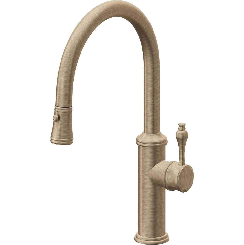 California Faucets - Pull-Down Kitchen Faucet with Button Sprayer - Low Arc Spout - Antique Brass Flat
