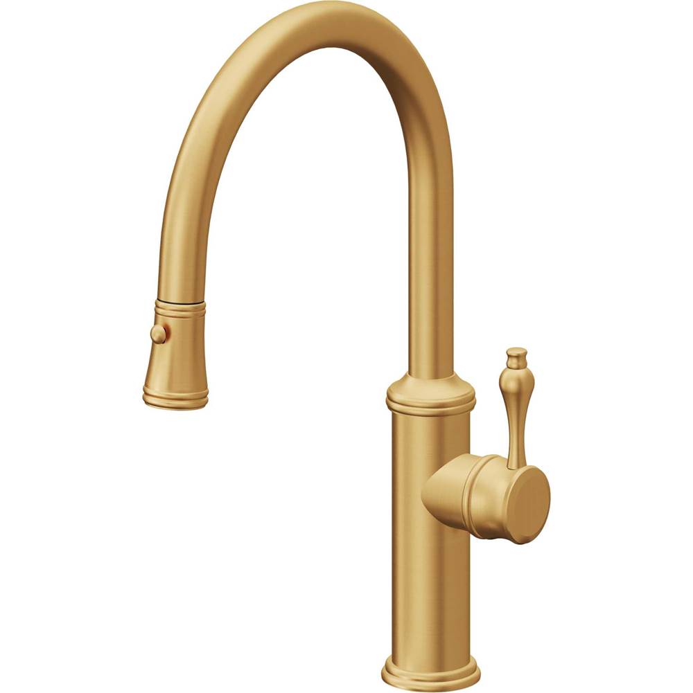California Faucets - Pull-Down Kitchen Faucet with Button Sprayer - Low Arc Spout - Lifetime Satin Gold Pvd