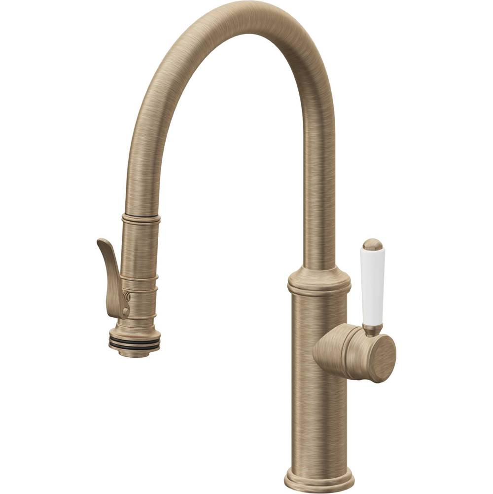 California Faucets - Pull-Down Kitchen Faucet with Squeeze Sprayer - Low Arc Spout - Antique Brass Flat