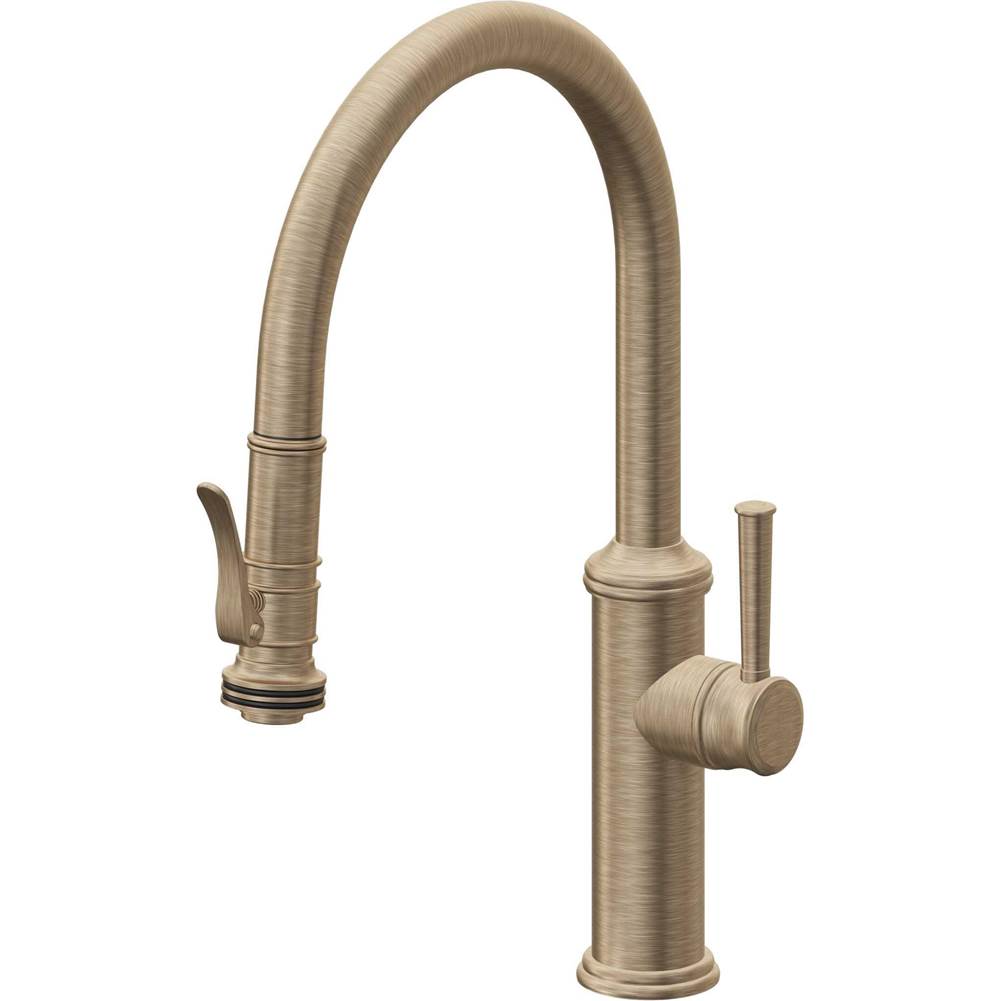 California Faucets - Pull-Down Kitchen Faucet with Squeeze Sprayer - Low Arc Spout - Antique Brass Flat