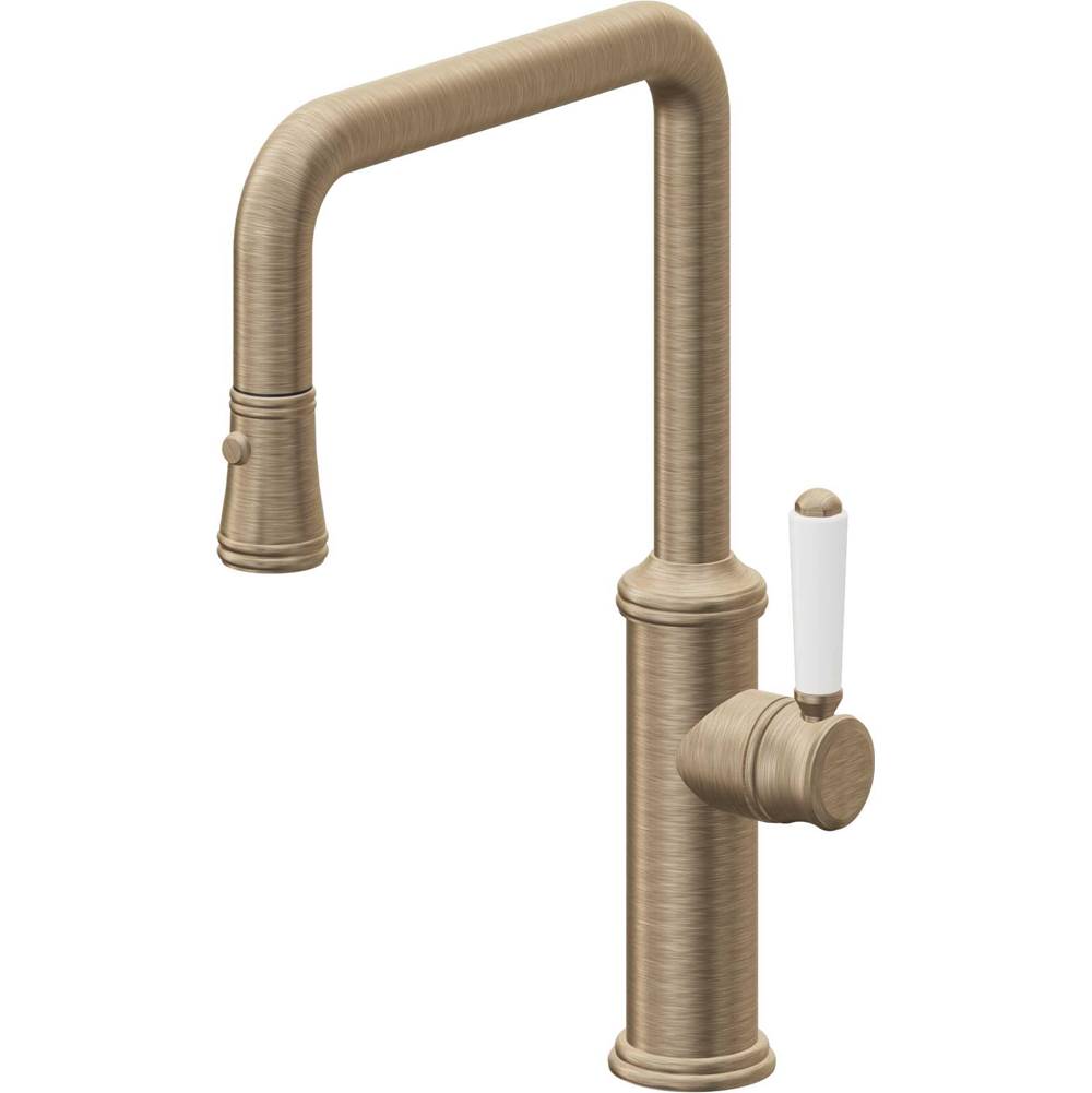 California Faucets - Pull-Down Kitchen Faucet with Button Sprayer - Quad Spout - Antique Brass Flat
