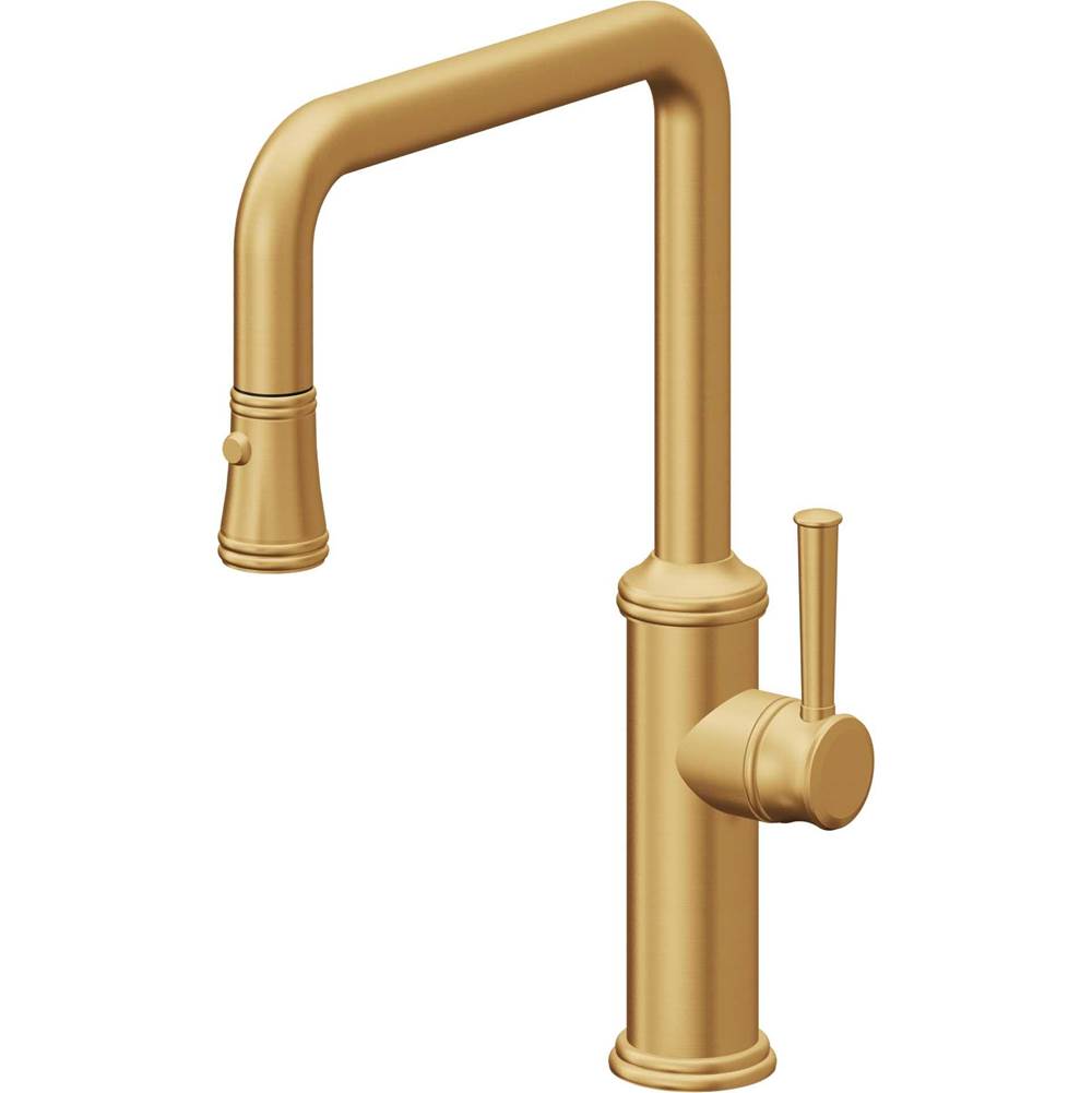 California Faucets - Pull-Down Kitchen Faucet with Button Sprayer - Quad Spout - Lifetime Satin Gold Pvd