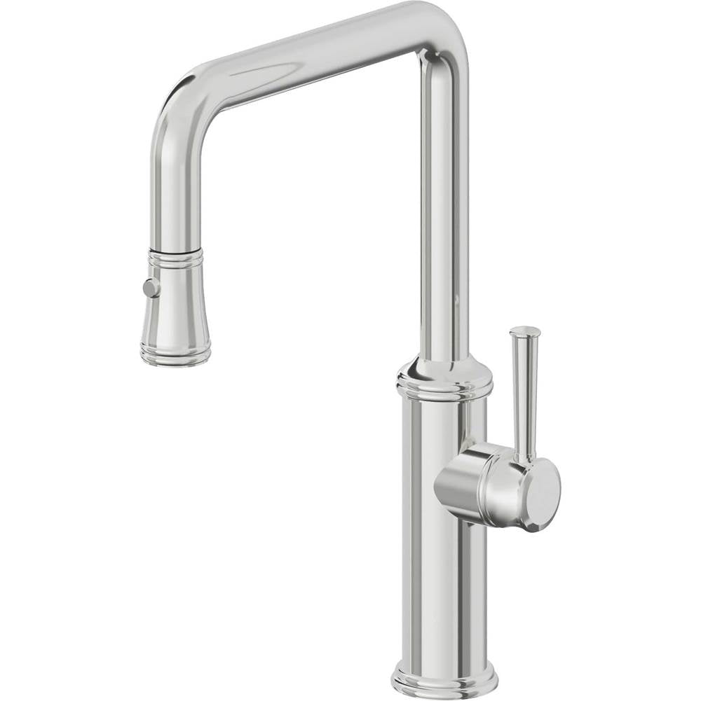 California Faucets - Pull-Down Kitchen Faucet with Button Sprayer - Quad Spout - Polished Chrome